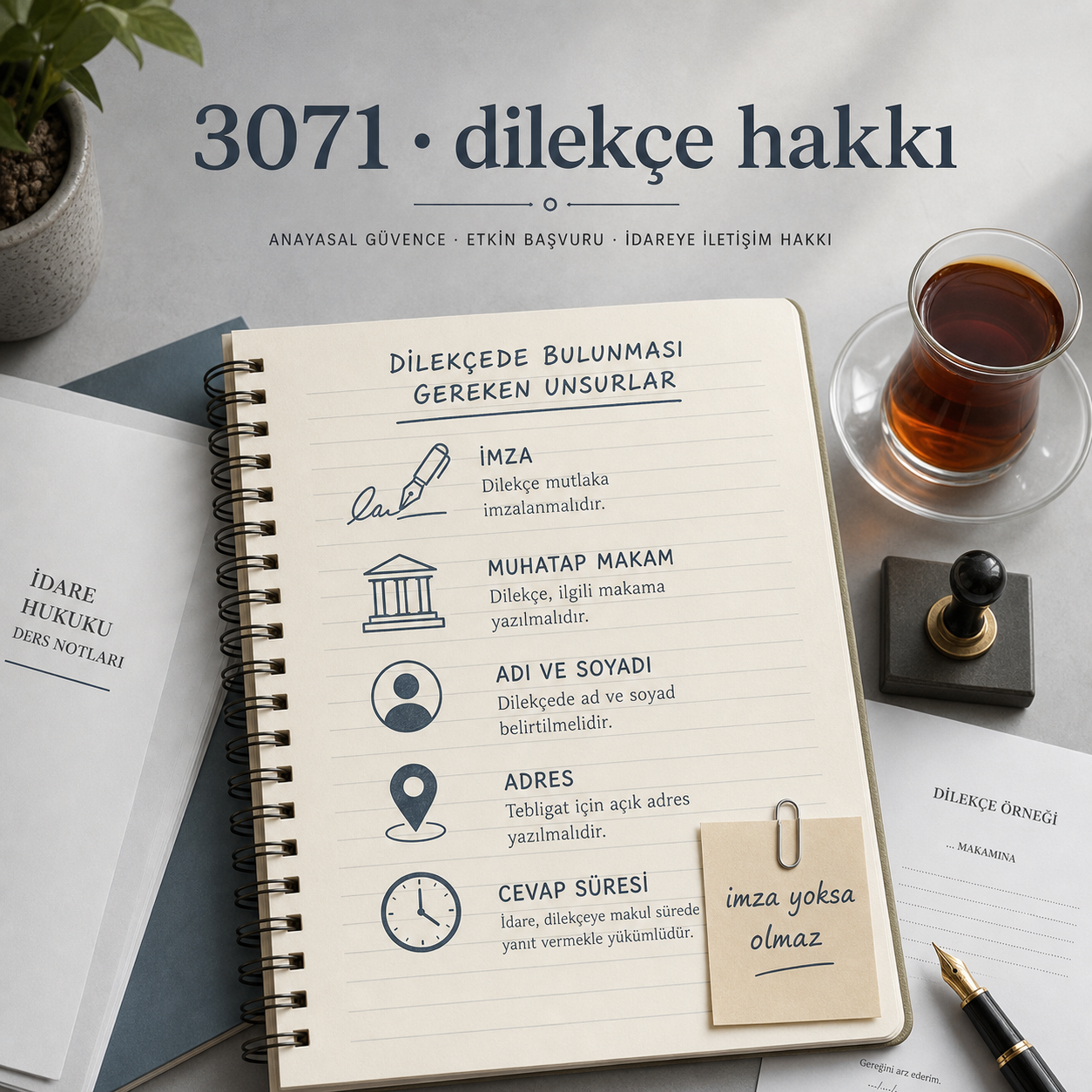 3071 sayılı Dilekçe Hakkı için dilekçe unsurlarını gösteren çalışma defteri görseli
